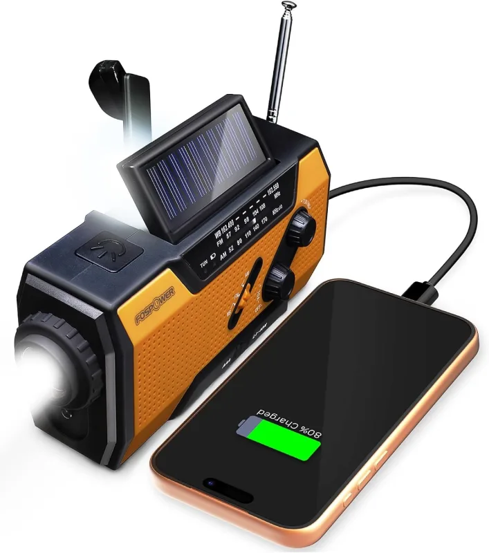 FosPower 2000mAh Şarjlı Güneş Enerjili El Kranklı Acil Durum Radyosu