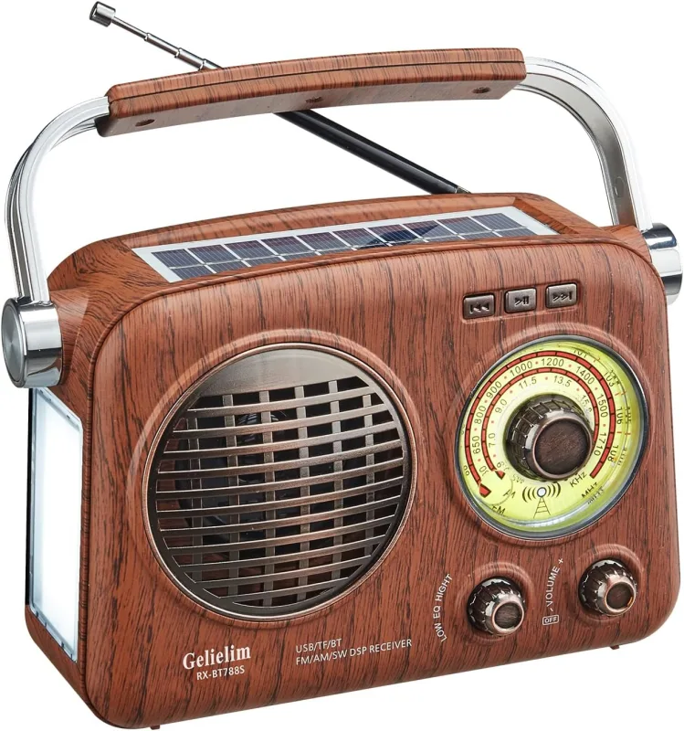 Gelielim Retro Taşınabilir Radyo – FM/AM/Kısa Dalga, Bluetooth, Güneş Panelli, El Fenerli