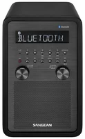 Sangean WR-50 siyah ahşap masaüstü radyo önden görünüm, Bluetooth yazan ekran