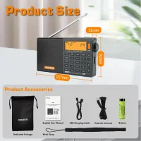 XHDATA D-808 ölçüleri ve kutu içeriği: çanta, anten, USB kablo, pil