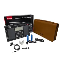 Tecsun H501 kutu içeriği: radyo, deri taşıma çantası, 2 adet 18650 pil, kulaklık ve şarj adaptörü