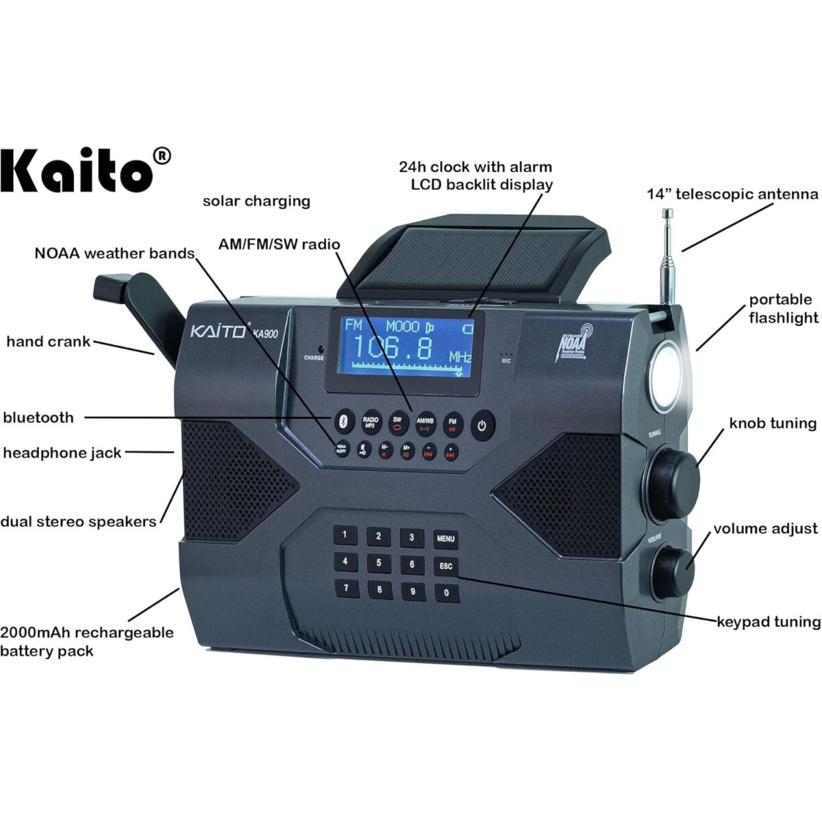 Kaito Acil Durum Radyosu Voyager Max KA900 Dijital Güneş Dinamo Krank Rüzgar / FM / SW ve NOAA Hava Durumu Stereo Radyo Alıcısı - Görsel 2