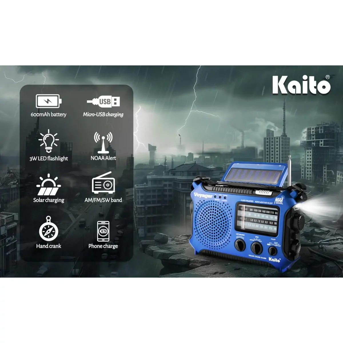 Kaito KA500 5 Powered Güneş Enerjisi, Dinamo Krank, El Feneri ile Acil Durum Radyosu (Mavi) - Görsel 3