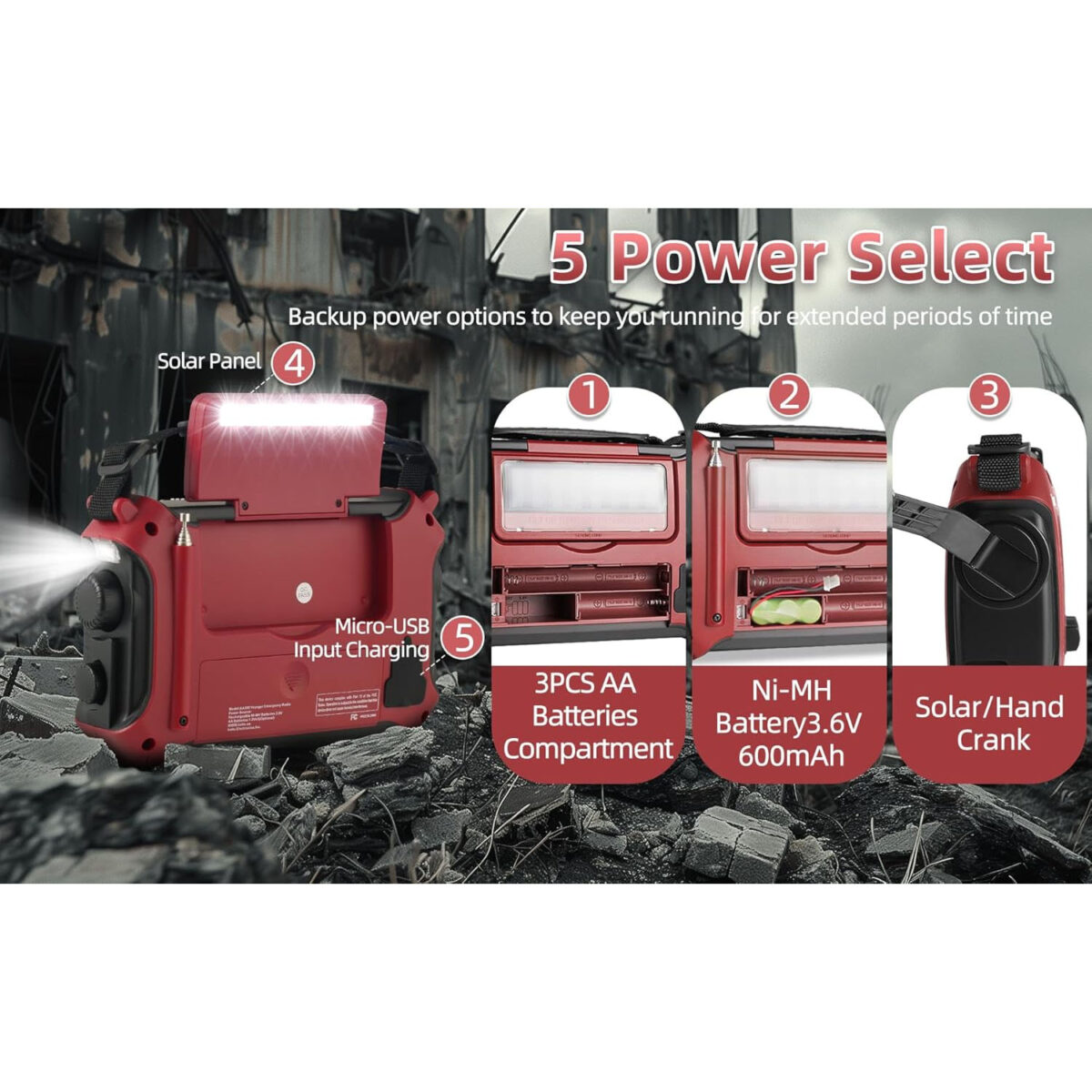 Kaito KA500 5 Powered Güneş Enerjisi, Dinamo Krank, El Feneri ile Acil Durum Radyosu (Kırmızı) - Görsel 4
