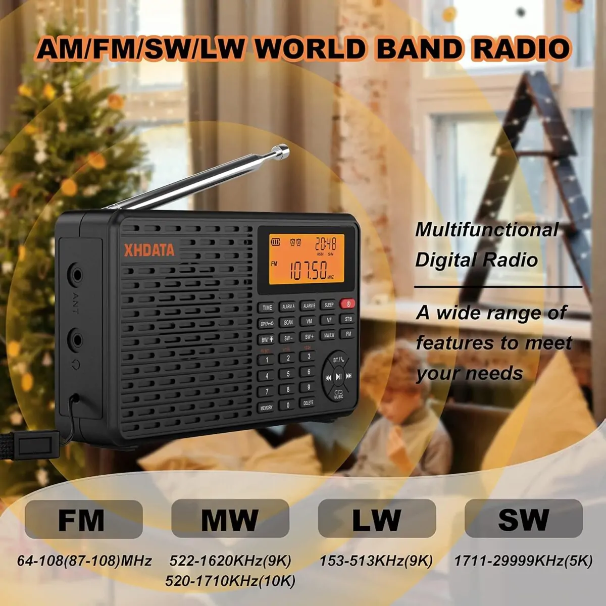 XHDATA D109 Taşınabilir Radyo - AM/FM/Kısa Dalga (SW)/LW Desteği - Görsel 6