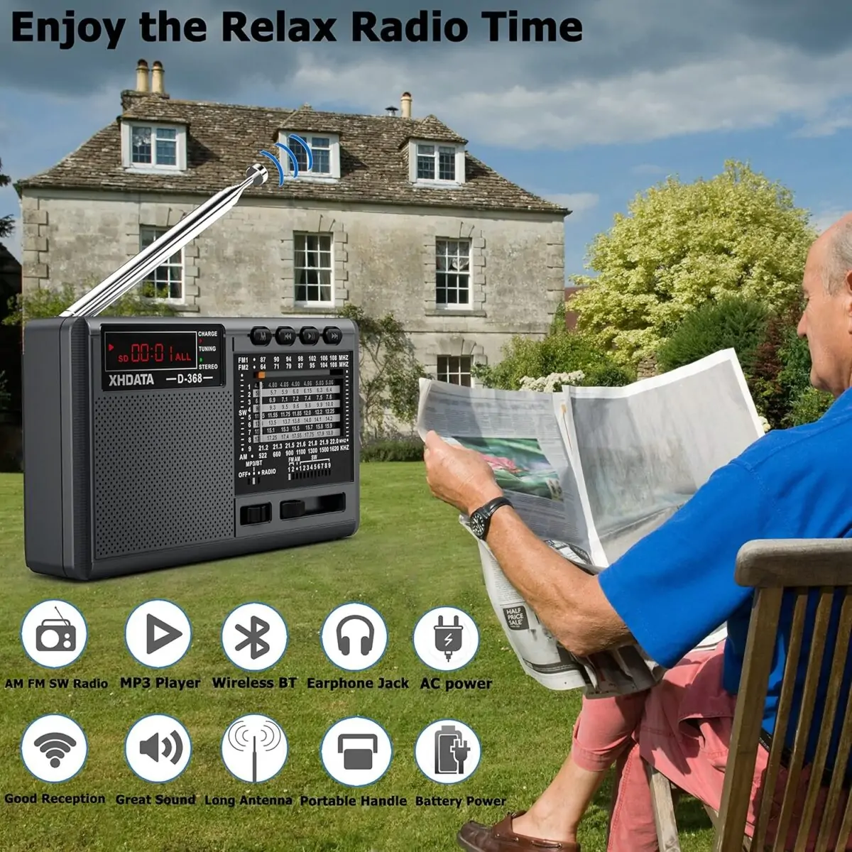 XHDATA D368 Taşınabilir Transistör Radyo Küçük FM/AMMW/SW Mini Radyo Bluetooth USB TF - Görsel 6