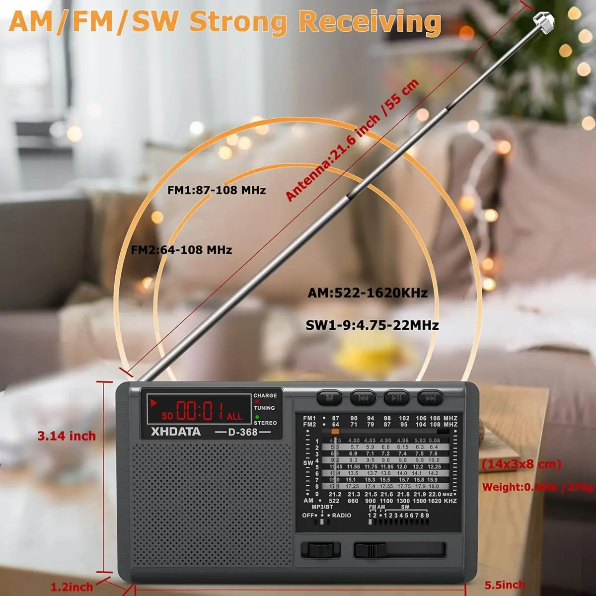 XHDATA D368 Taşınabilir Transistör Radyo Küçük FM/AMMW/SW Mini Radyo Bluetooth USB TF - Görsel 4