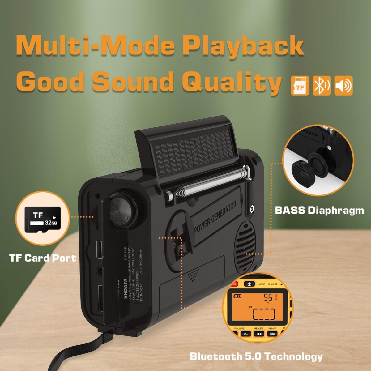 XHDATA D608WB Acil Durum Radyosu El Kranklı Hava Durumu Radyosu FM/AM/SW/NOAA Uyarı Taşınabilir Radyo, Bluetooth MP3, USB/Güneş Enerjili/El Kranklı Şarj, El Feneri, Okuma Lambası ve SOS Alarmı - Görsel 6