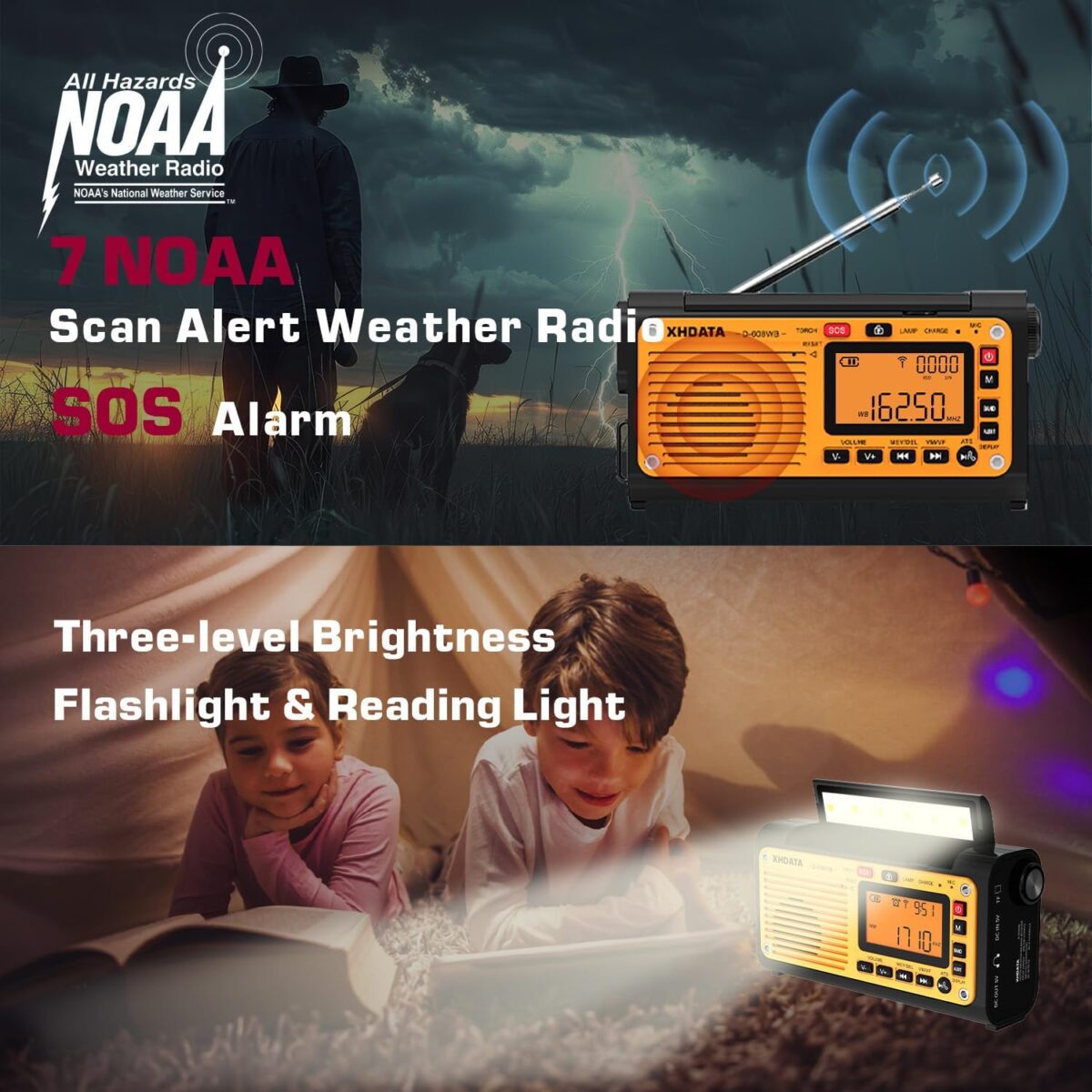 XHDATA D608WB Acil Durum Radyosu El Kranklı Hava Durumu Radyosu FM/AM/SW/NOAA Uyarı Taşınabilir Radyo, Bluetooth MP3, USB/Güneş Enerjili/El Kranklı Şarj, El Feneri, Okuma Lambası ve SOS Alarmı - Görsel 2