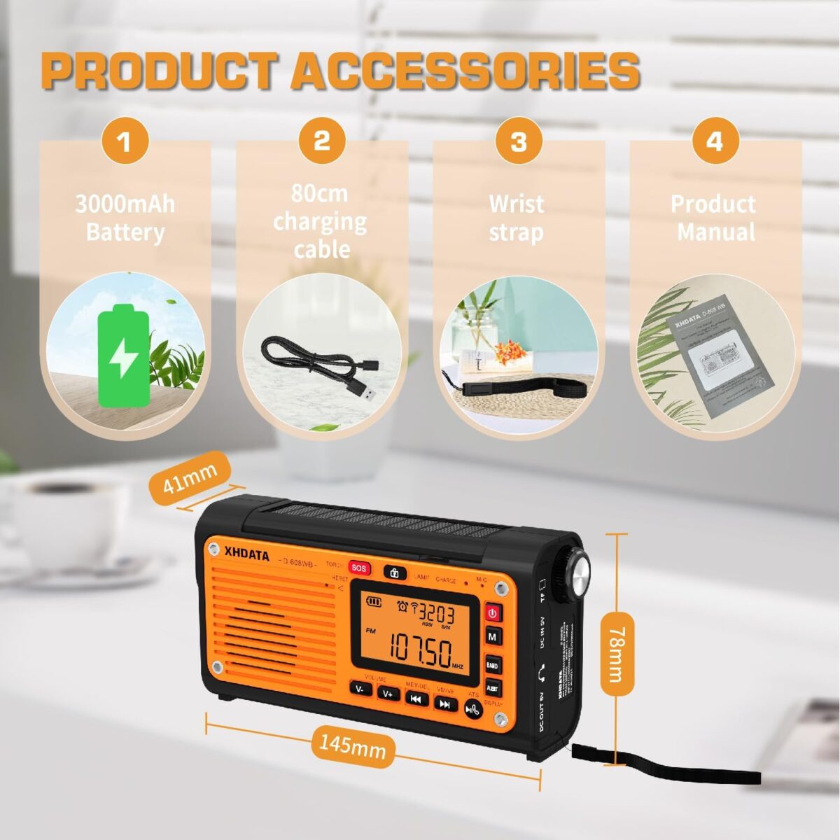 XHDATA D608WB Acil Durum Radyosu El Kranklı Hava Durumu Radyosu FM/AM/SW/NOAA Uyarı Taşınabilir Radyo, Bluetooth MP3, USB/Güneş Enerjili/El Kranklı Şarj, El Feneri, Okuma Lambası ve SOS Alarmı - Görsel 5