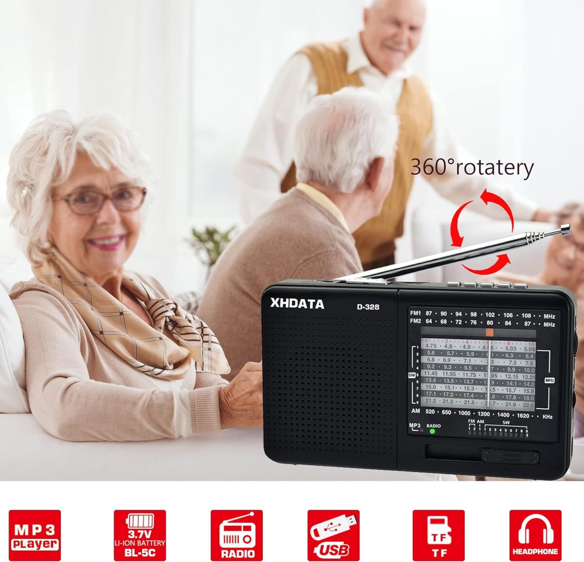 XHDATA D-328 Taşınabilir Radyo MP3 Çalar TF Kartı FM AMSW Tam Bant Radyo (Siyah) - Görsel 6