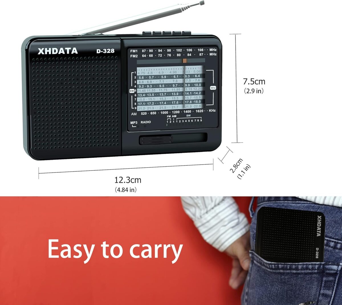 XHDATA D-328 Taşınabilir Radyo MP3 Çalar TF Kartı FM AMSW Tam Bant Radyo (Siyah) - Görsel 3