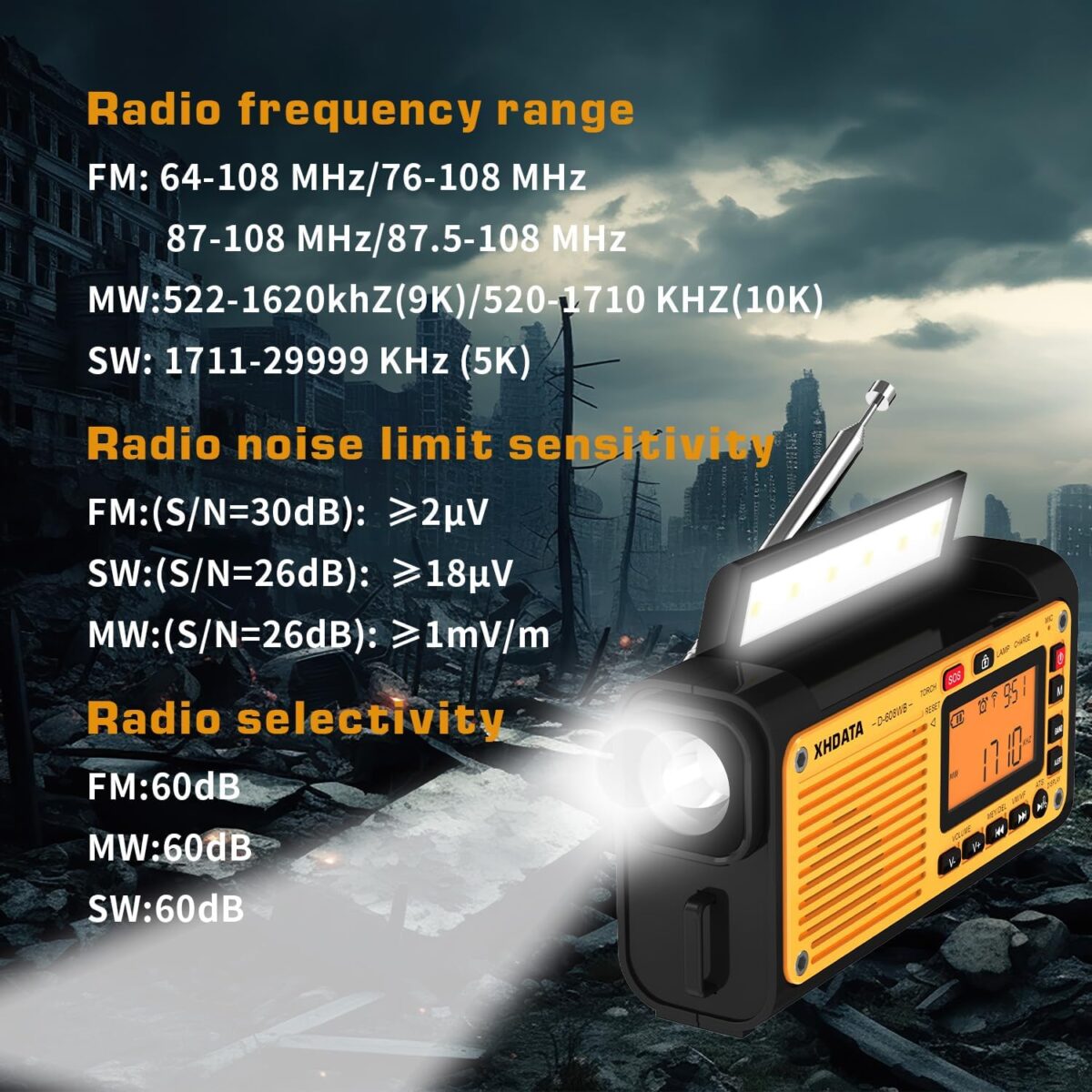 XHDATA D608WB Acil Durum Radyosu El Kranklı Hava Durumu Radyosu FM/AM/SW/NOAA Uyarı Taşınabilir Radyo, Bluetooth MP3, USB/Güneş Enerjili/El Kranklı Şarj, El Feneri, Okuma Lambası ve SOS Alarmı - Görsel 3