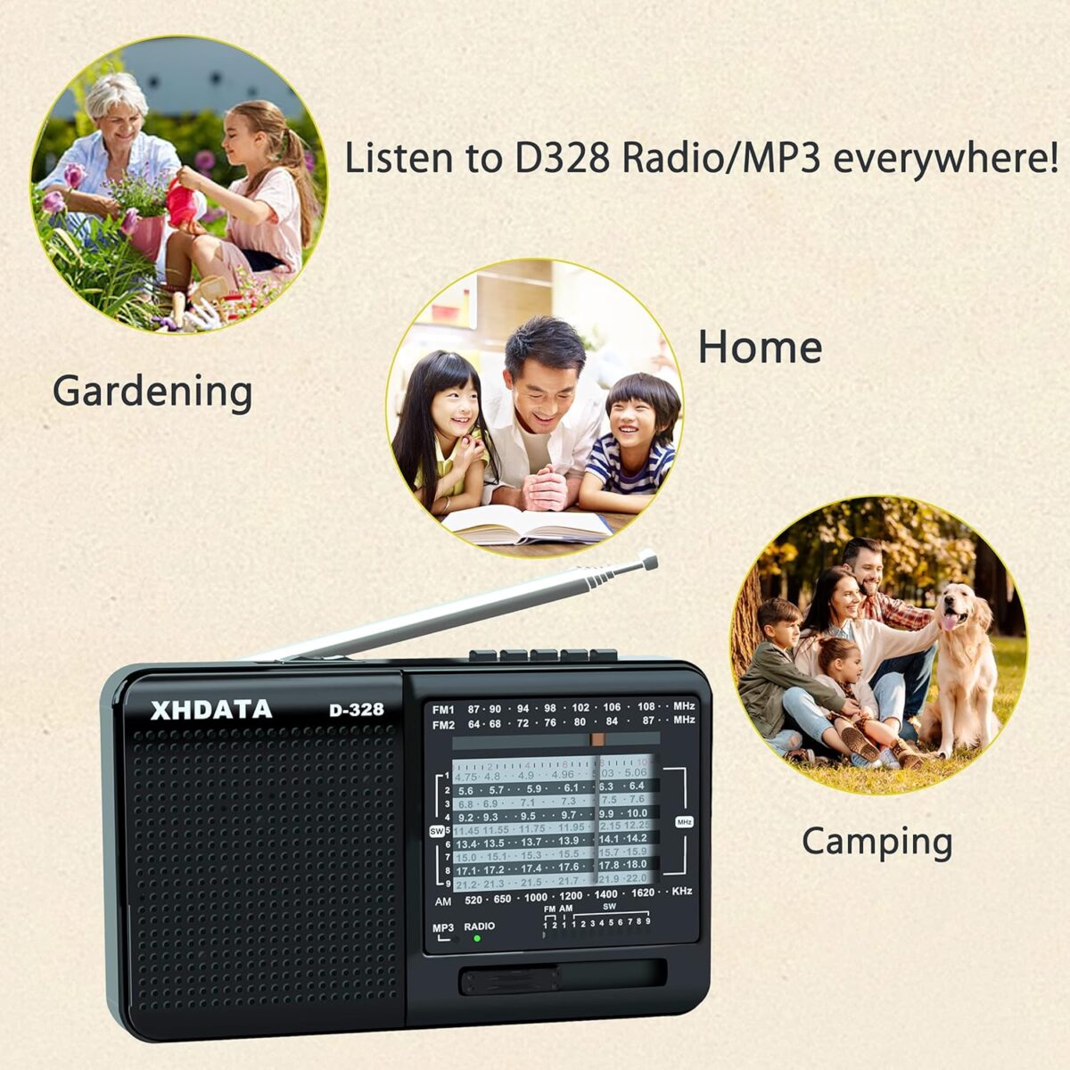 XHDATA D-328 Taşınabilir Radyo MP3 Çalar TF Kartı FM AMSW Tam Bant Radyo (Siyah) - Görsel 4