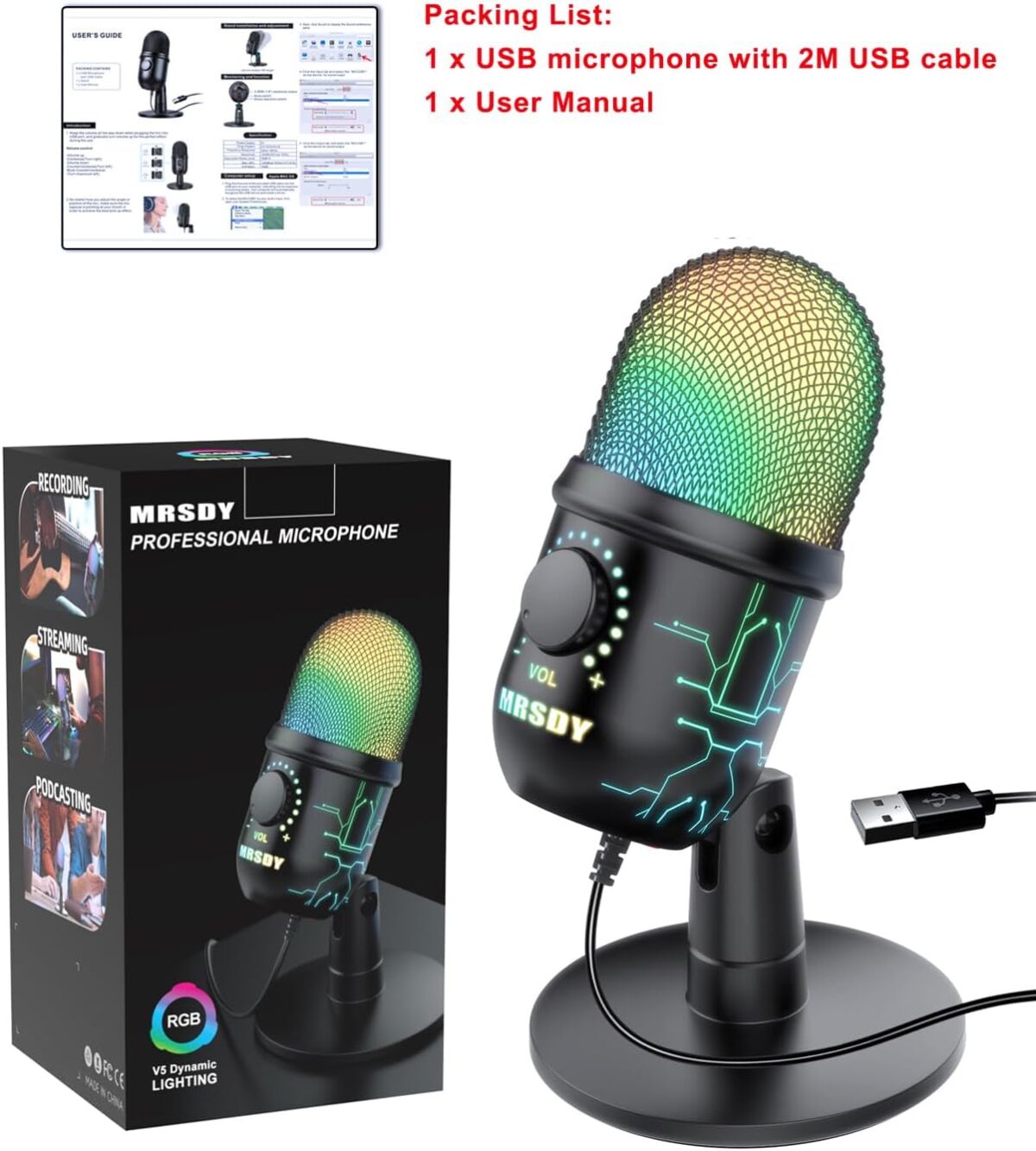 MRSDY V5 RGB USB Gaming Mikrofon – Noise Cancelling, Gain & Mute, PC/Mac/PS5 Uyumlu - Görsel 9