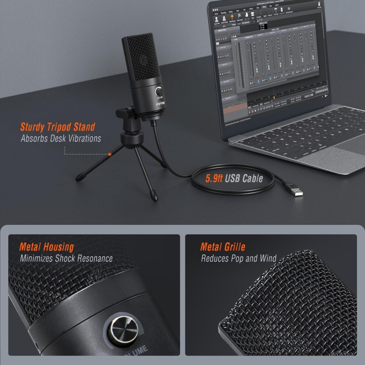 Fifine K669B USB Metal Kondenser Kayıt Mikrofonu (Siyah) - Görsel 8