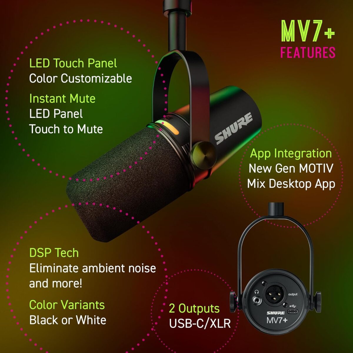 Shure MV7+ Podcast Dynamic Microphone USB-C & XLR Podcast Mikrofonu – OBS Certified Yayıncı Mikrofonu, LED Touch Panel, Auto Level Mode, Digital Pop Filter, Reverb Efektleri – Siyah - Görsel 6