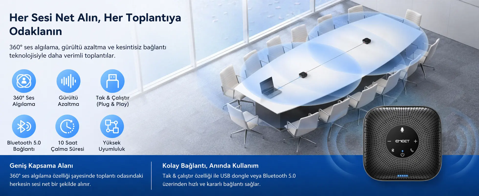 EMEET M0 Plus bluetooth toplantı hoparlörü ofis masasında kullanım