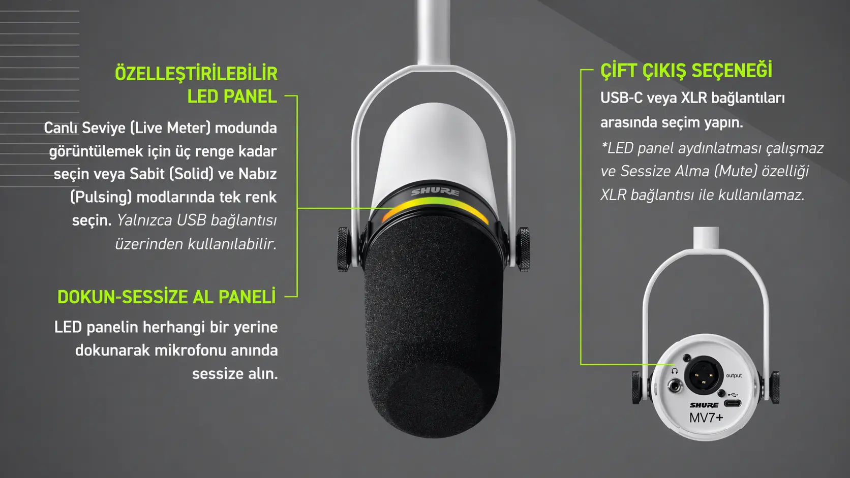 Shure MV7+ dinamik mikrofon dokunmatik LED panel ve USB/XLR çıkış detayı
