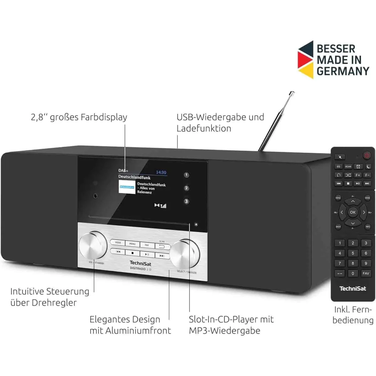 TechniSat DIGITRADIO 3 IR Stereo DAB+ Radyo – CD Çalar, Bluetooth, İnternet Radyosu, USB, AUX, Alarm Özellikli 20W Siyah - Görsel 2